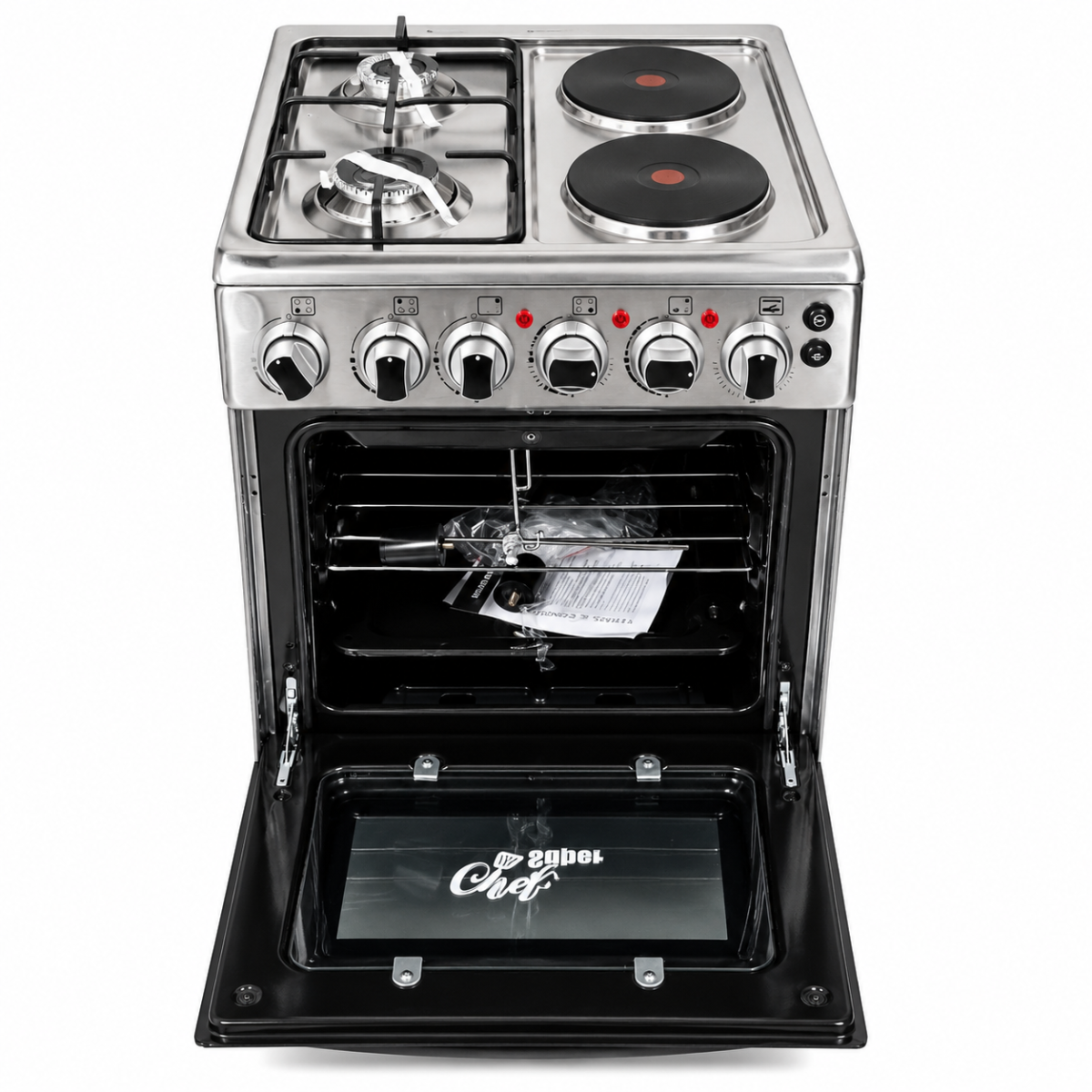 Super Chef 50x50cm Cooker – 2 Gas + 2 Electric Cooker with Electric Chicken Rotisserie4