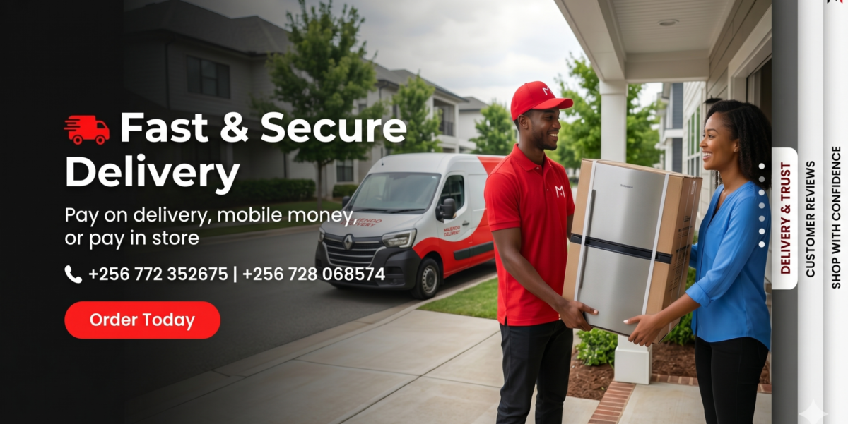 generate SLIDE : TRUST & DELIVERY, Image idea: Delivery van + happy customer receiving appliance Headline: 🚚 Fast & Secure Delivery Subtext: Pay on delivery, mobile money, or pay in store Contact: 📞 +256 772 352675 | +256 728 068574 Button text: Order Today.DESIGN STYLE (VERY IMPORTANT FOR ELECTRO THEME) Colors: Red + White + Black (Majendo brand style) Font: Bold, modern sans-serif Background overlays: dark gradient for text readability Buttons: Red background, white text, rounded corners Animation: Fade + slide left/right transition,Slider type: Flex Slider 2 Width: Full width (1920px recommended) Height: 500–650px i need a png image